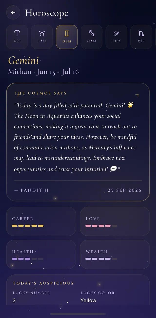 The daily horoscope screen: a reading for Gemini signed by Pandit ji, the AI astrologer