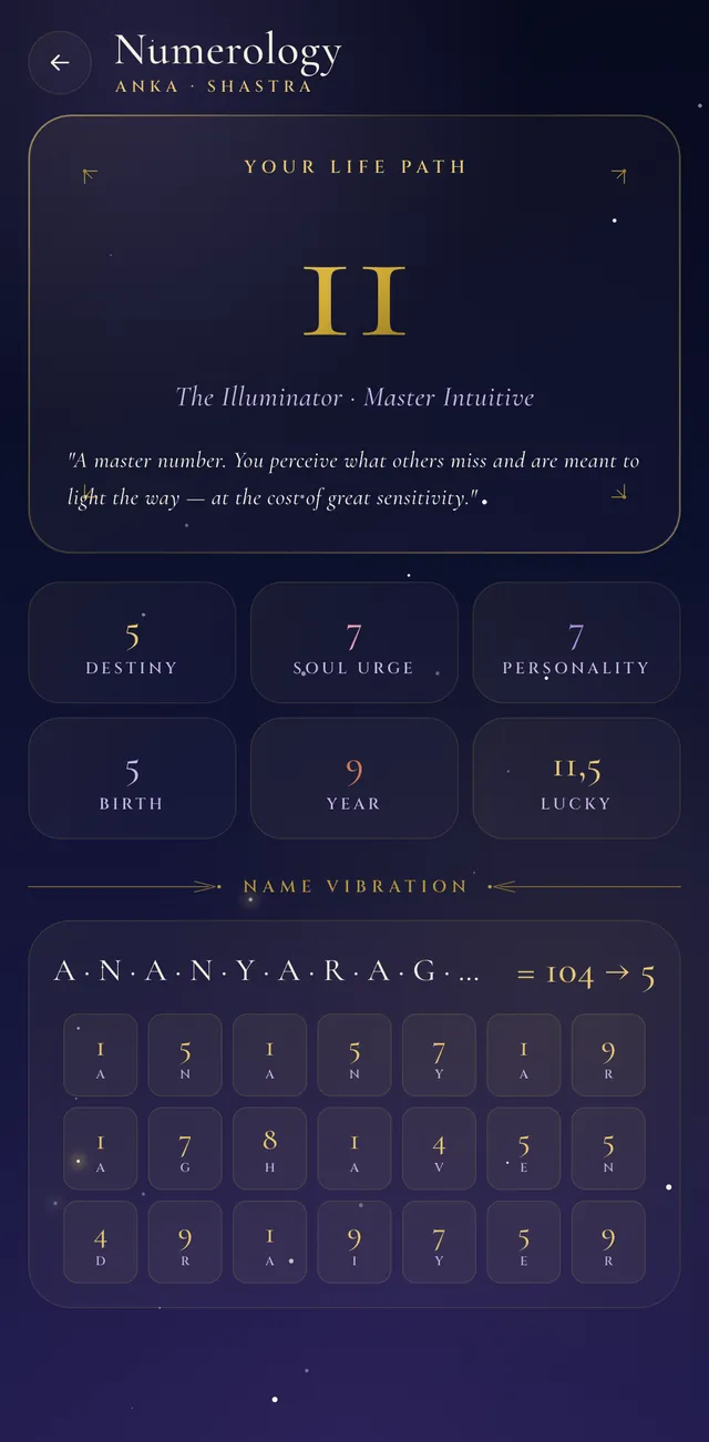 The numerology screen for a demo profile: life path, destiny, soul urge and name numbers